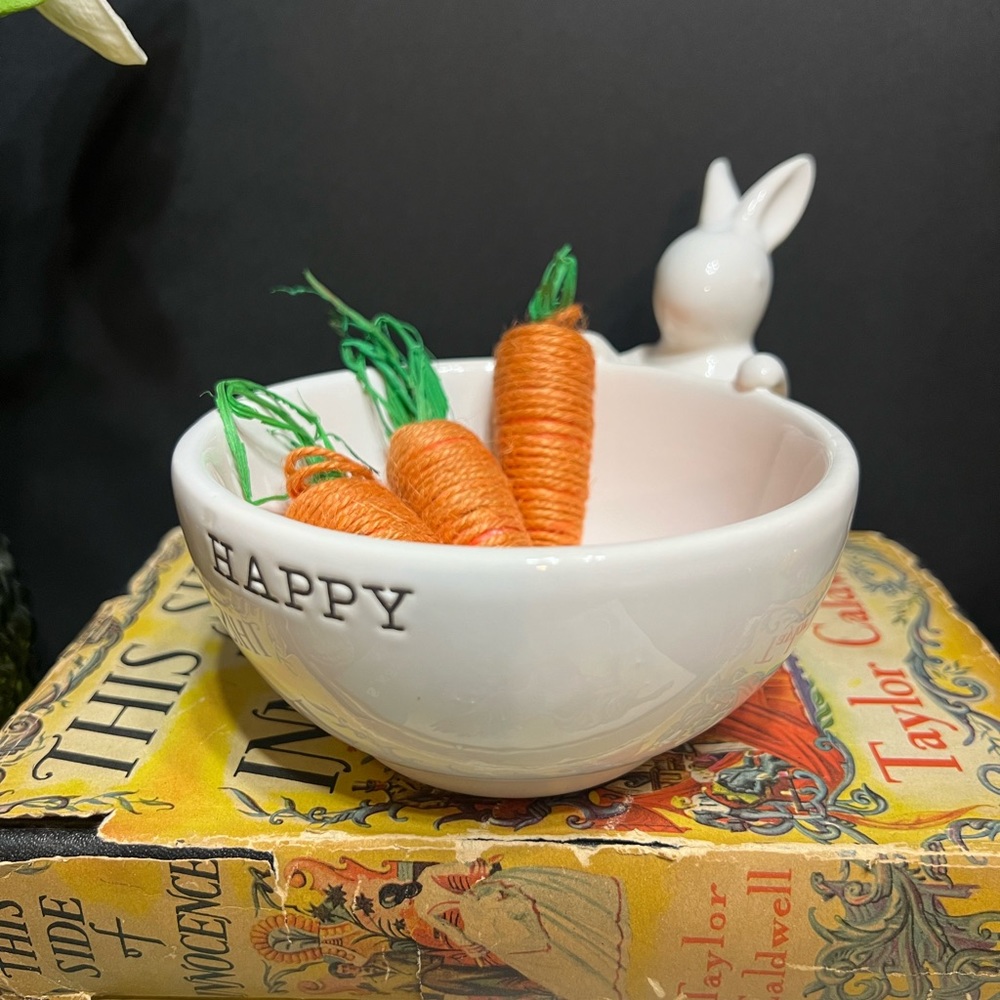 Mud Pie "Happy" Bunny Dish Bowl Is ~4.75x2.5x, With Bunny ~6.5x4"